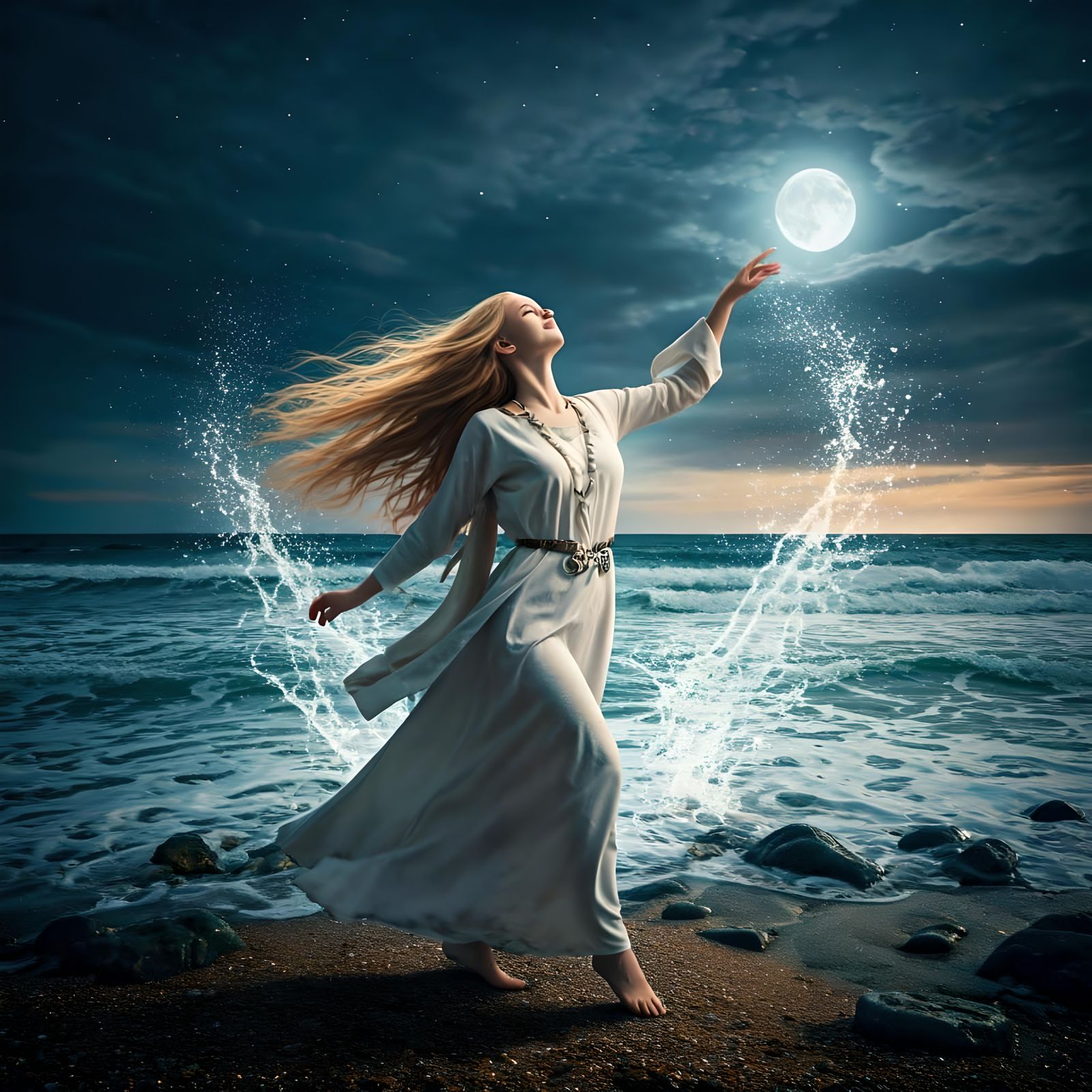 Celtic Woman Dancing on Stormy Beach at Night