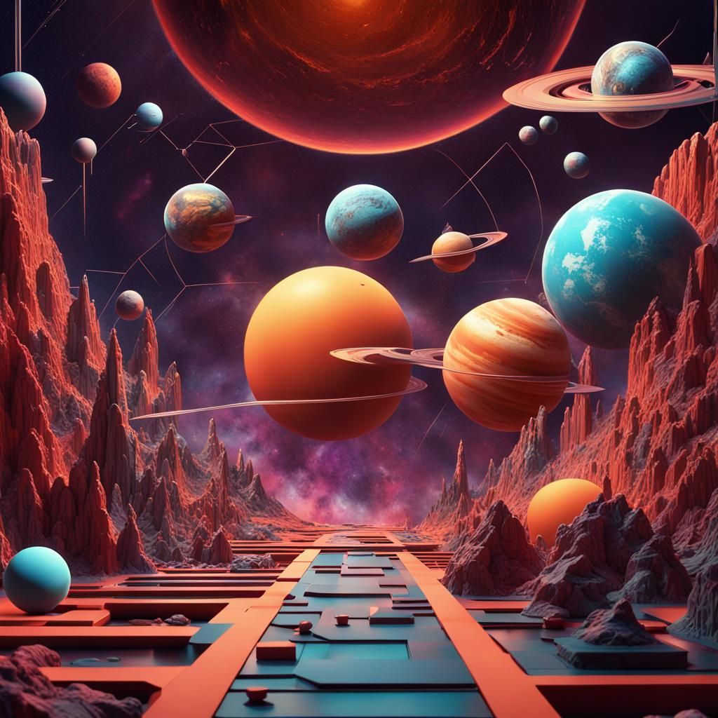 Detailed 3D Abstract Graphic Art: Planets and Spacemen