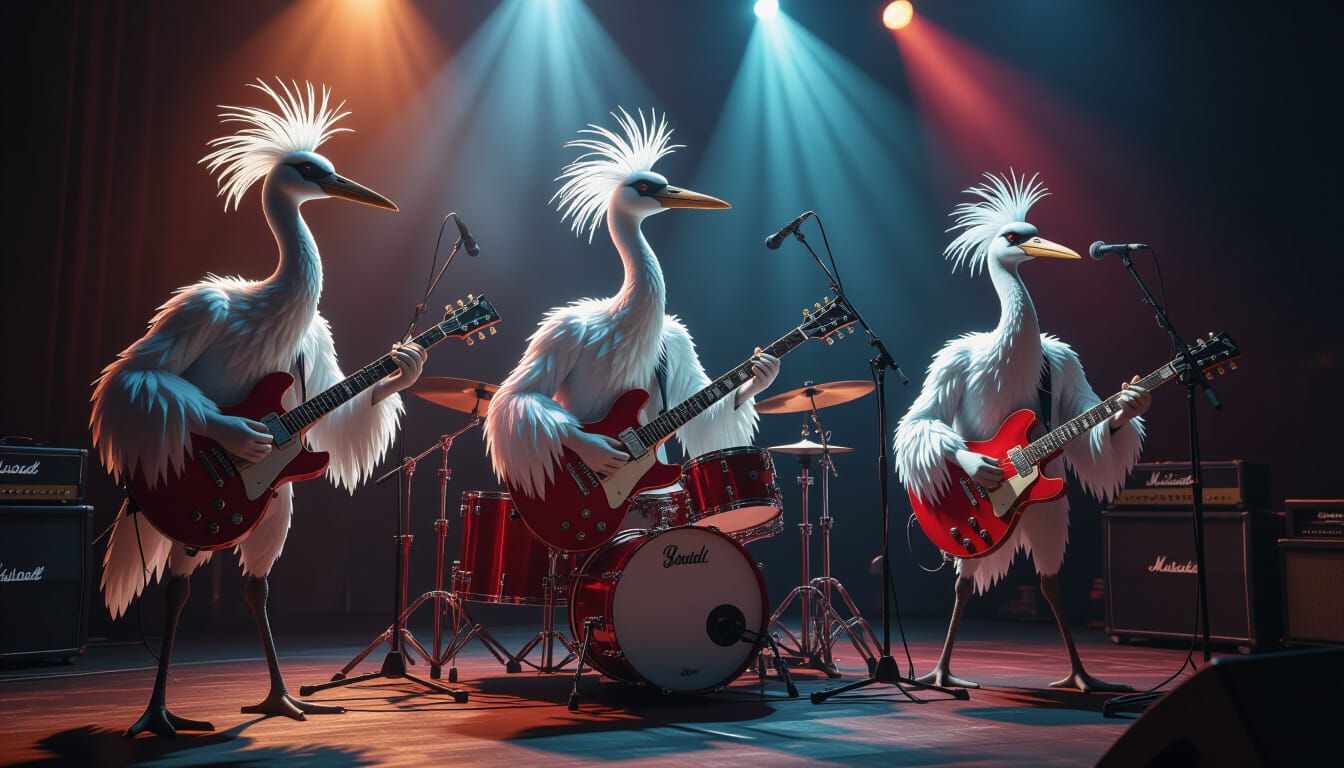 Anthropomorphic Crane Rock Band in Concert