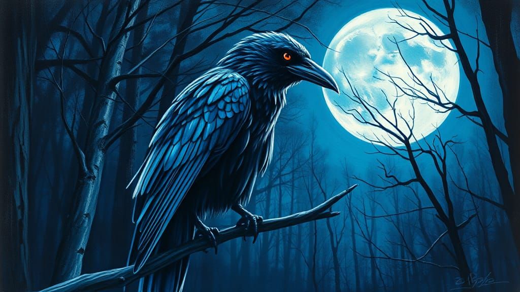 Blue Raven with Fiery Eyes in Graffiti Art