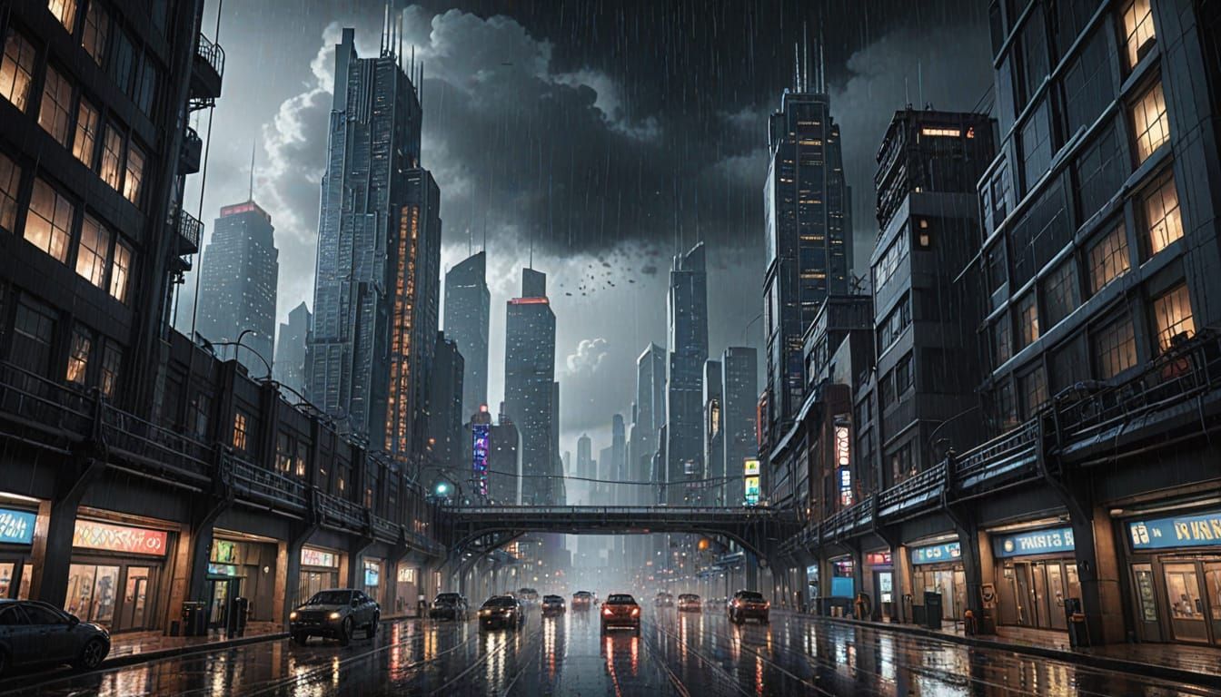Photorealistic Dystopian Cityscape on a Snowy, Rainy Night