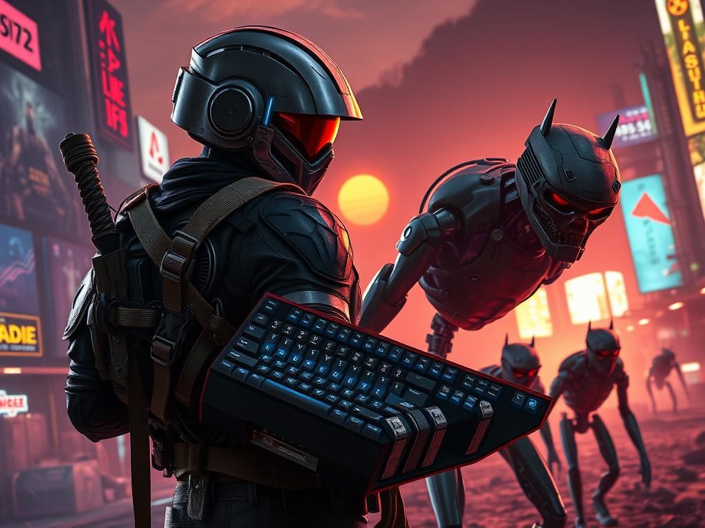 Cyberpunk Warrior in Ruined Cityscape, Digital Art