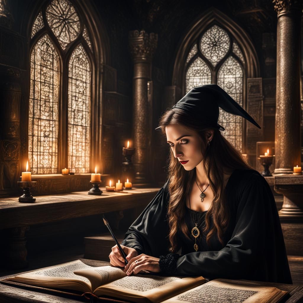Hyperrealistic Witch Writes in Book of Shadows