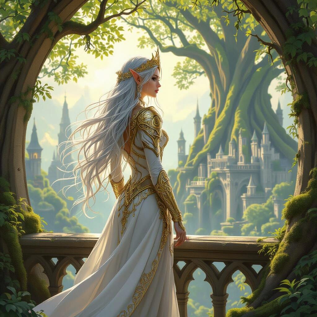Elven Queen Overlooking Ancient City in Art Nouveau Style