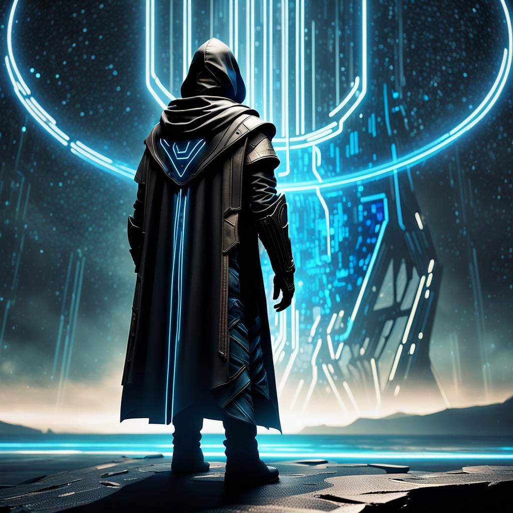 Neon Noir Figure Gazing into Starry Abyss