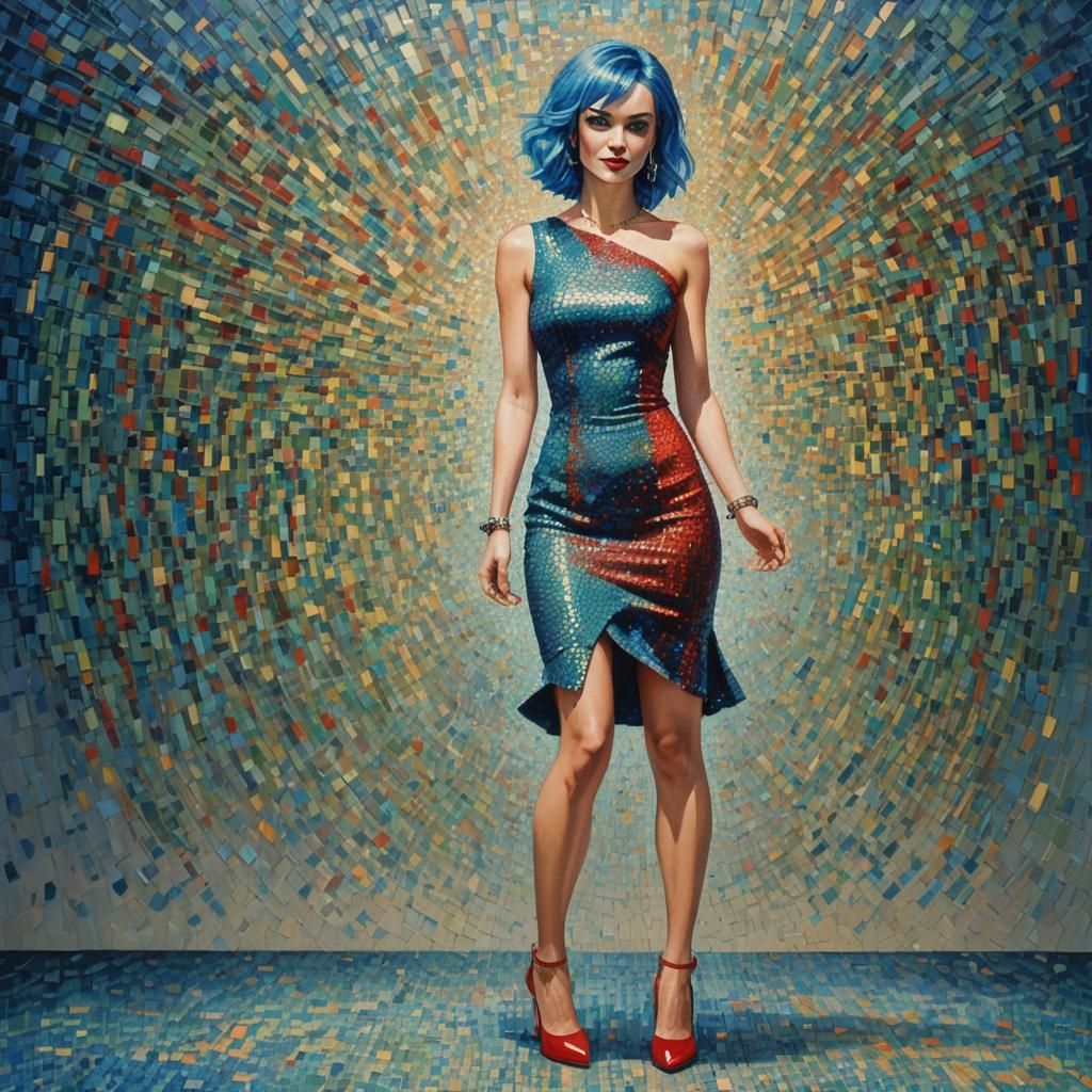 Young Woman in Red Dress, Pointillism Style