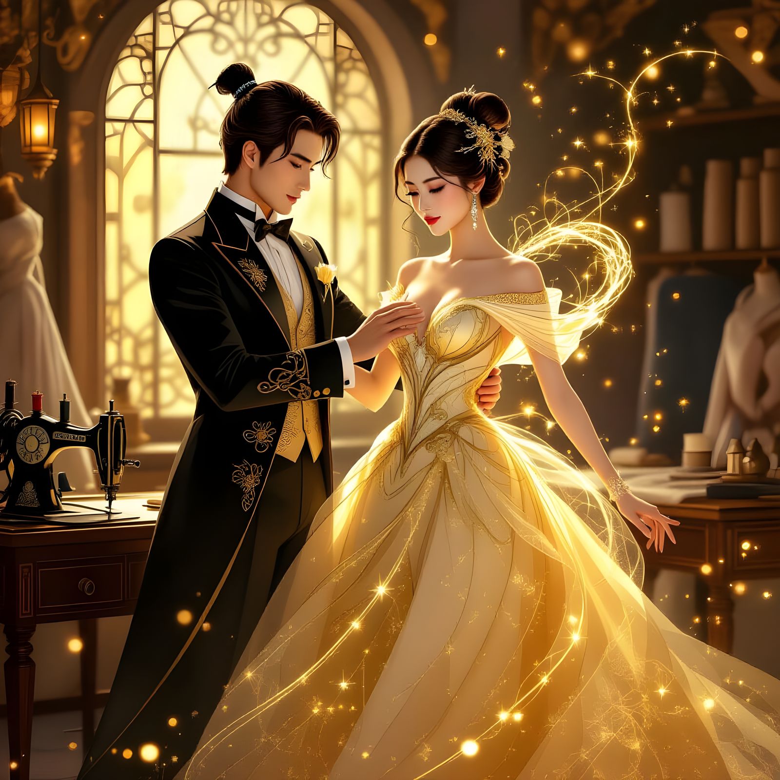 Magical Tailor Creates Sparkling Golden Dress for Model