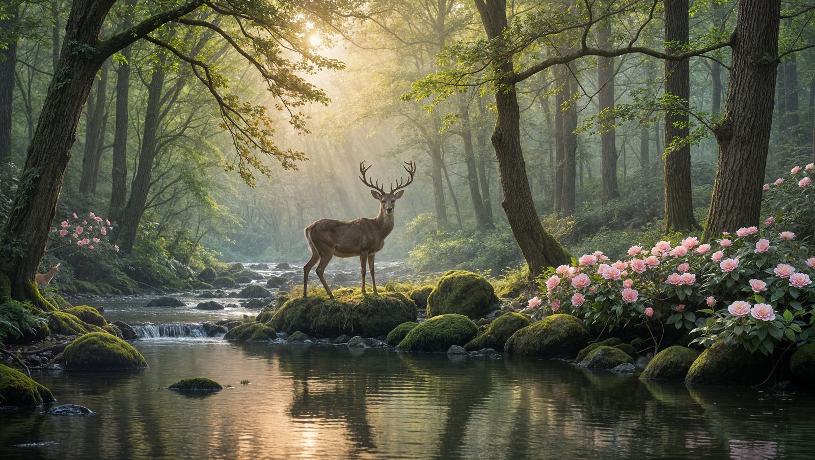 Ethereal Deer with Camellias in Mystical Forest