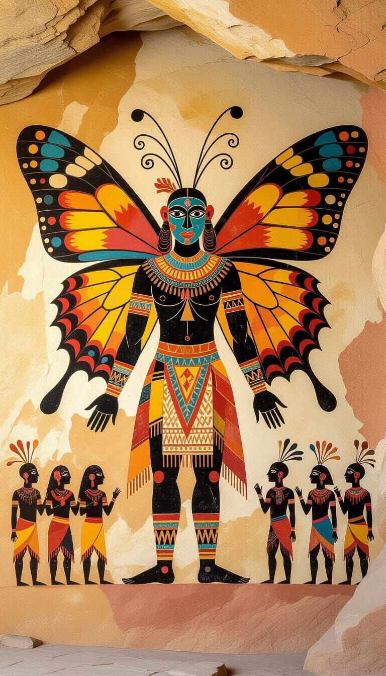 Cave Painting of Butterfly-Human Hybrid Shaman