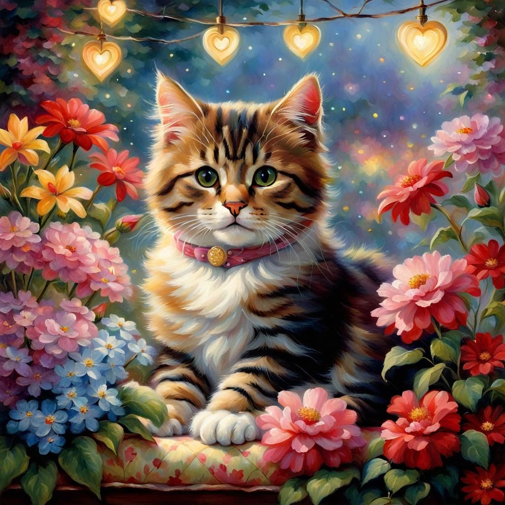 Cute Cat Surrounded by Flowers in Luminist Style