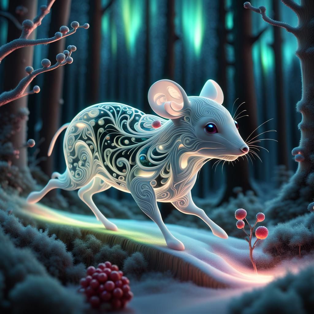 Bioluminescent Mouse in Scandinavian Forest with Aurora