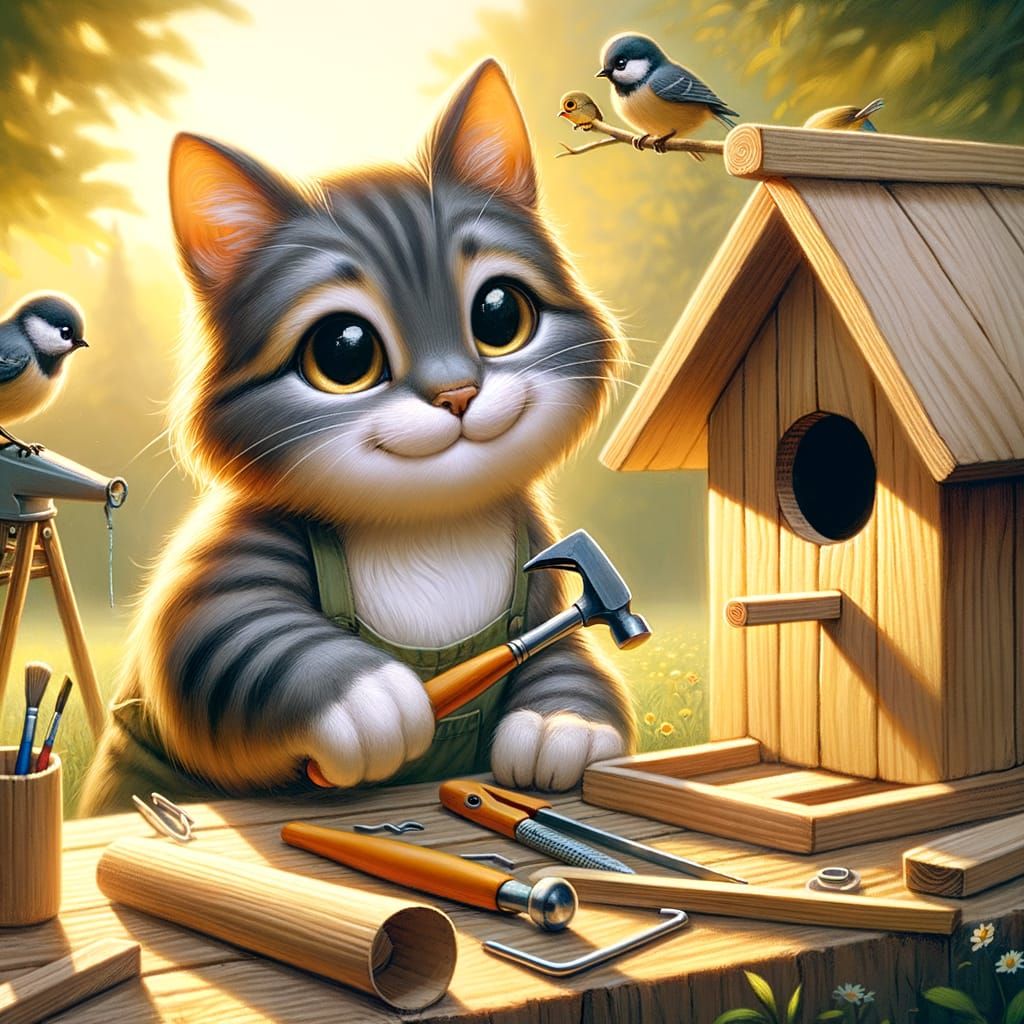 Adorable Cat Building a Birdhouse in Garden