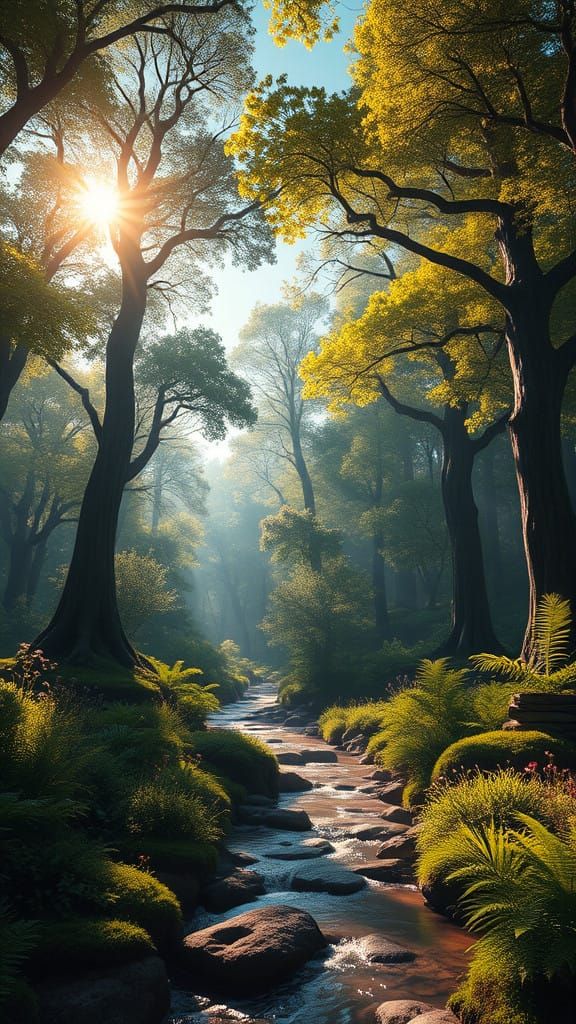 Surreal Forest Glade Basks in Golden Light Amidst Towering T...