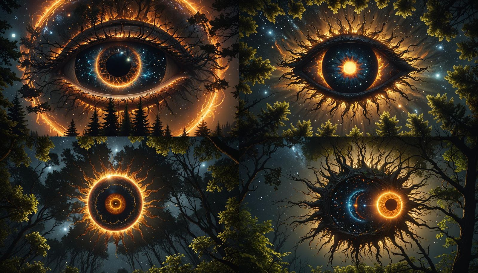 Cosmic Sun Eye Over Starry Forest Night