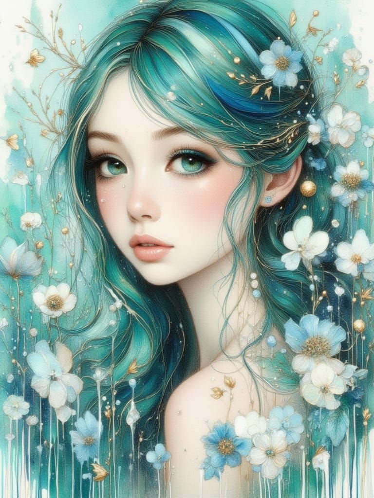 Pretty Woman with Teal Hair and Turquoise Eyes in Watercolor...