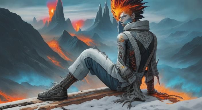 Punk Woman with Burning Earth: Surrealist Oil Painting