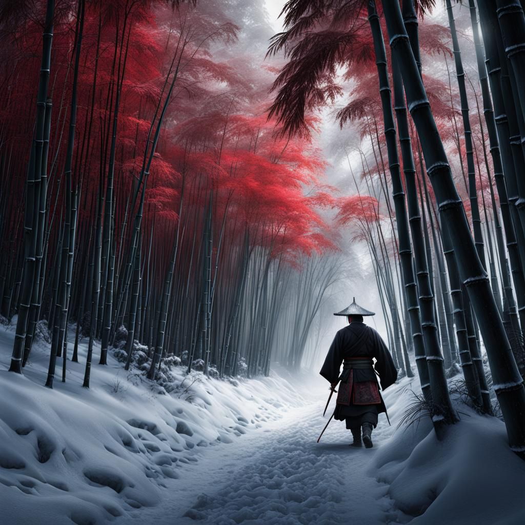 Epic Samurai in Snowy Bamboo Forest