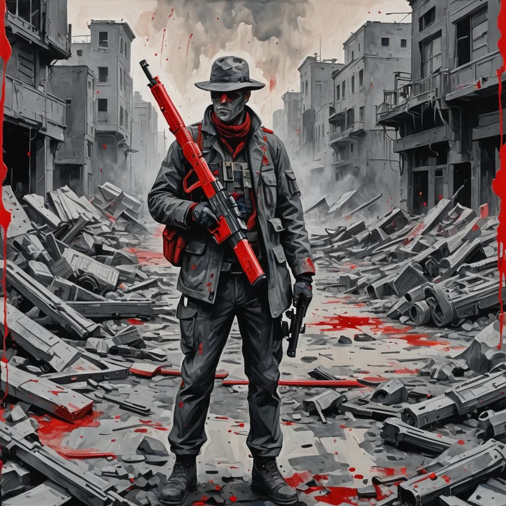 Blood Red Gun in Desolate World, Impressionist Style