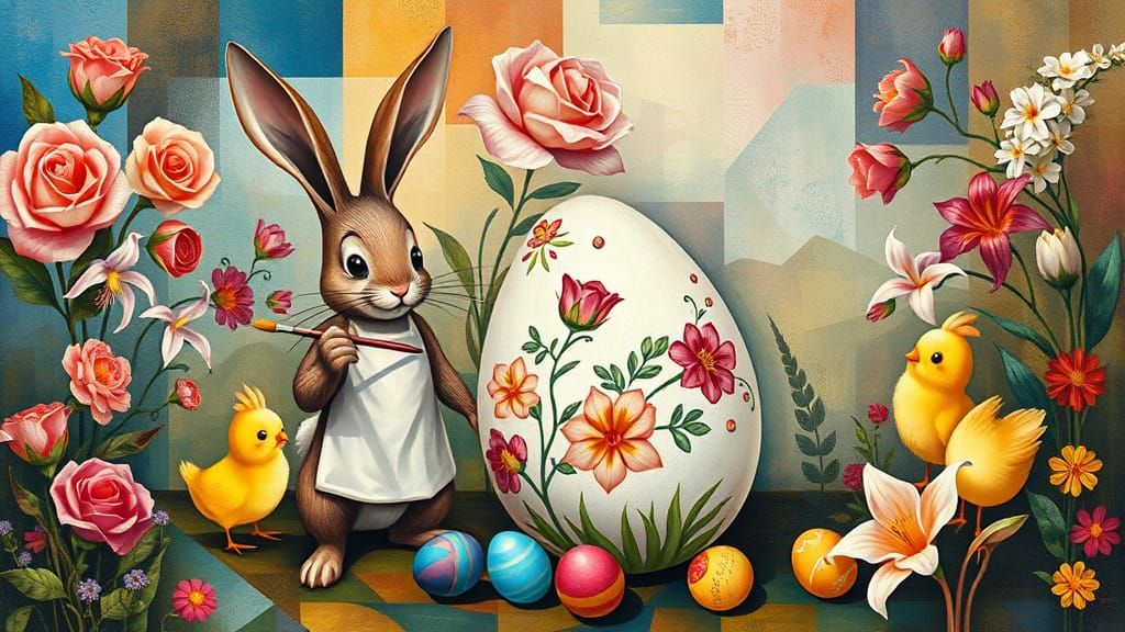 Rabbits and Chicks Painting Easter Eggs in Cubist Style