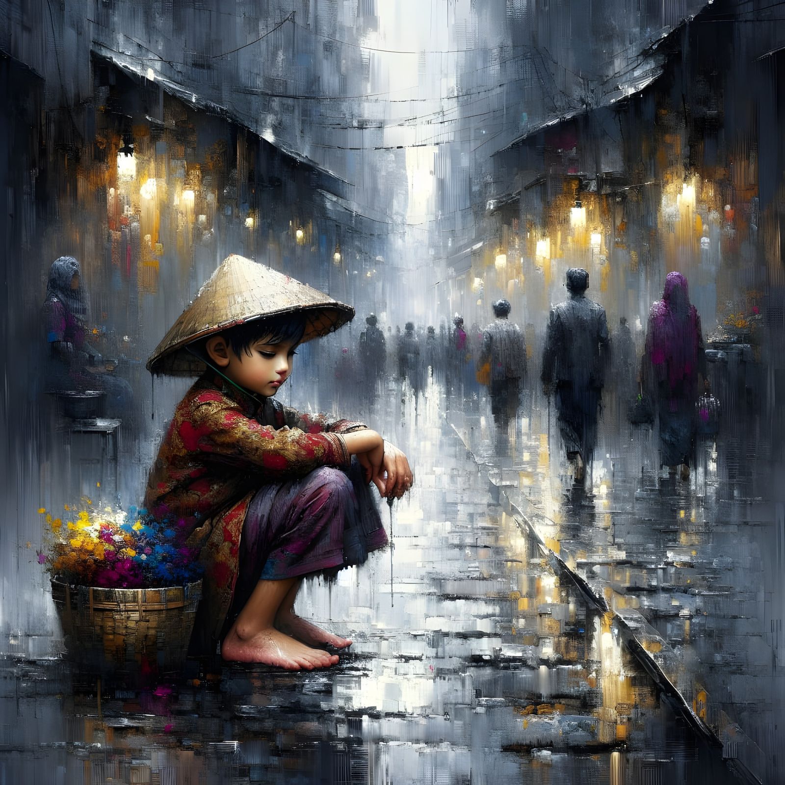 Young South Asian Boy Reflects Amidst City Rain