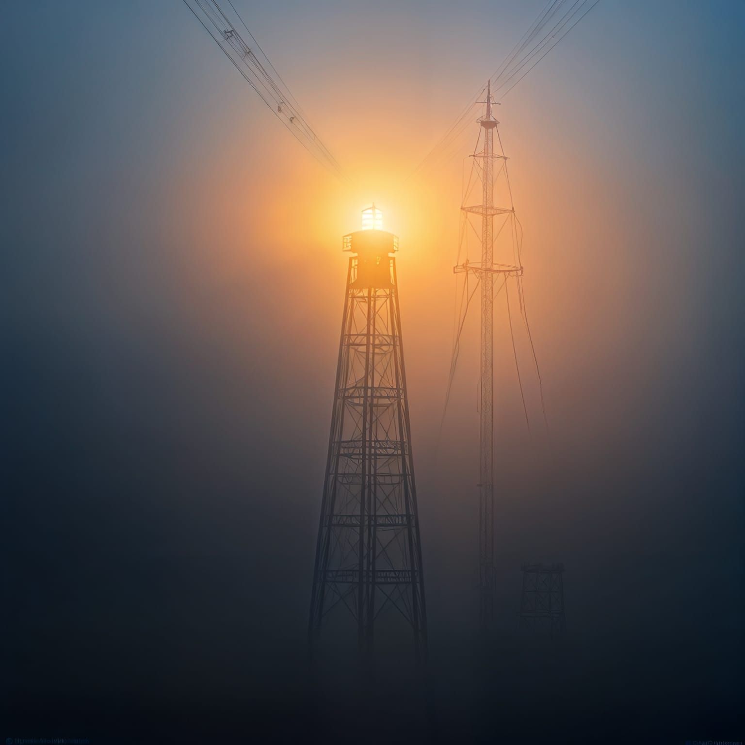 Light Tower Radiates Through Dense Fog in Sci-Fi Style