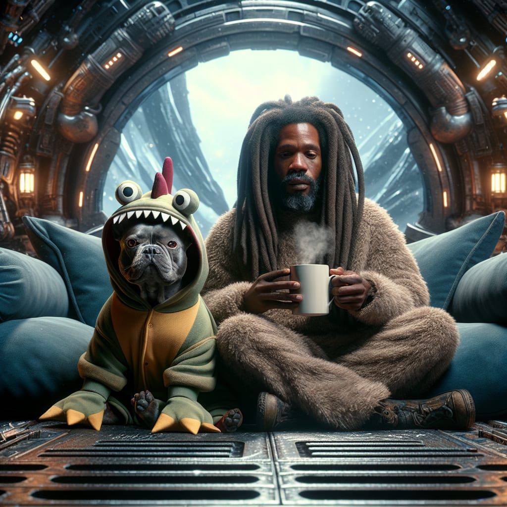 Bulldog and Man on Velvet Couch in Sci-Fi Setting