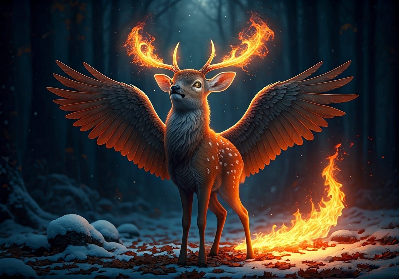 Fiery Baby Deer with Angel Wings in Autumn Forest