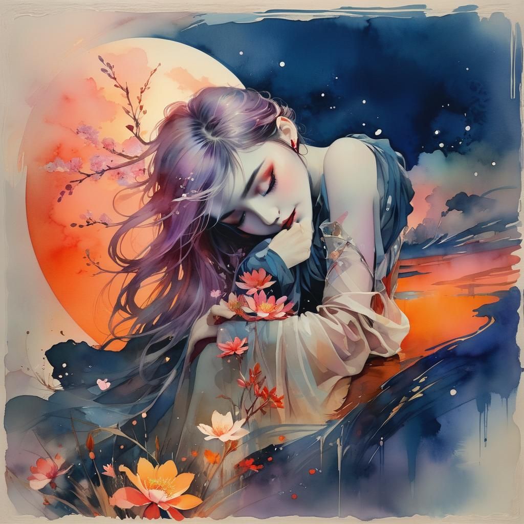 Dreamy Lake Glade at Night in Watercolor Style