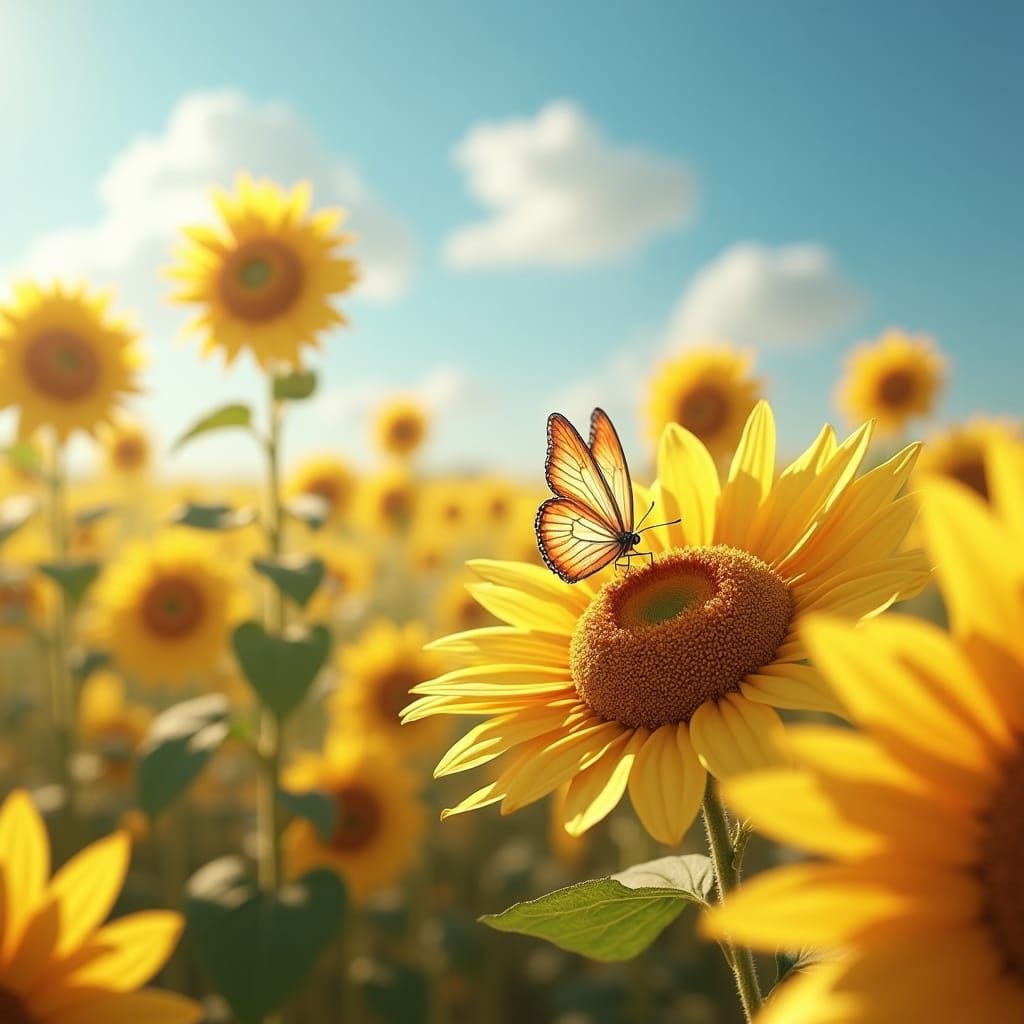 Butterfly in Sunflower Field: Photorealistic Matte Painting