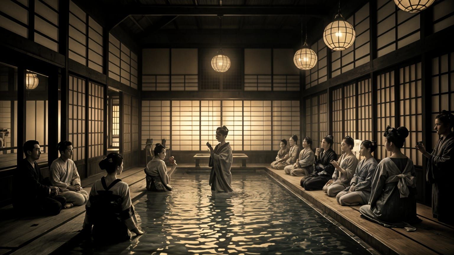 Japanese Bathhouse Interior with Geisha in Tintype Style