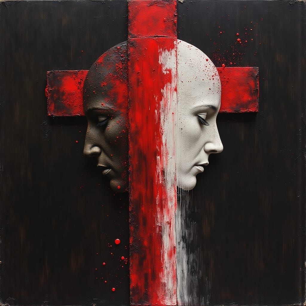 Dark Gothic Faces Over Crimson Cross in Oil Paint