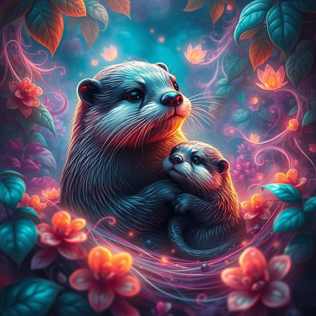 Otter Mother and Baby in Fantasy Art Style