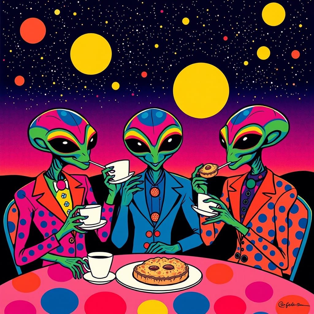 Surreal Intergalactic Pop Art Scene with Aliens at Tea Party