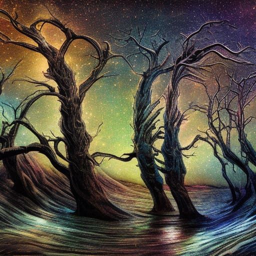 Cosmic Twilight: Bare Trees on a Desolate Planet