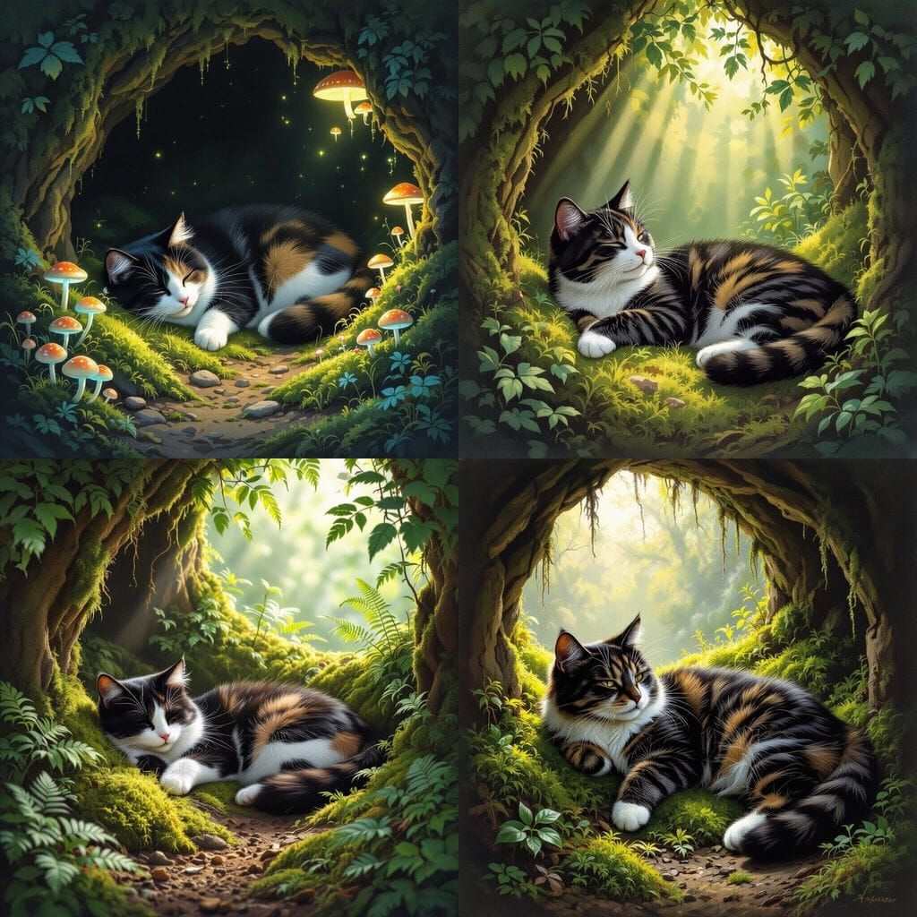Black Grey Brown Cat Rests in a Mossy Den