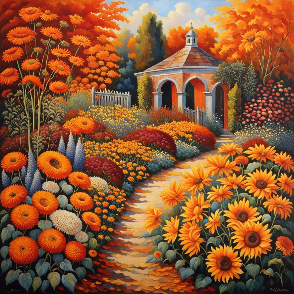 Autumnal Walled Garden with Wildflowers in Orange Theme