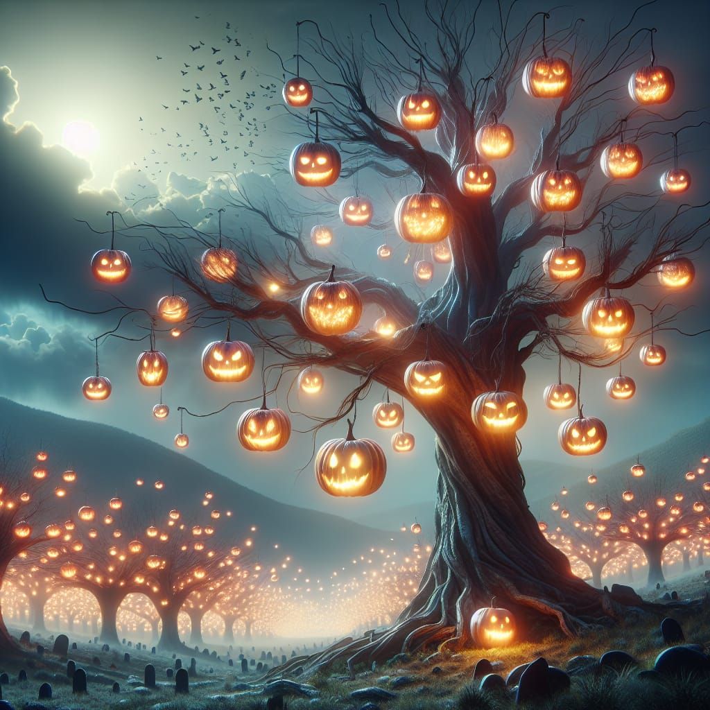 Luminous Jack-o'-Lantern Tree in Graveyard, Fantasy Horror