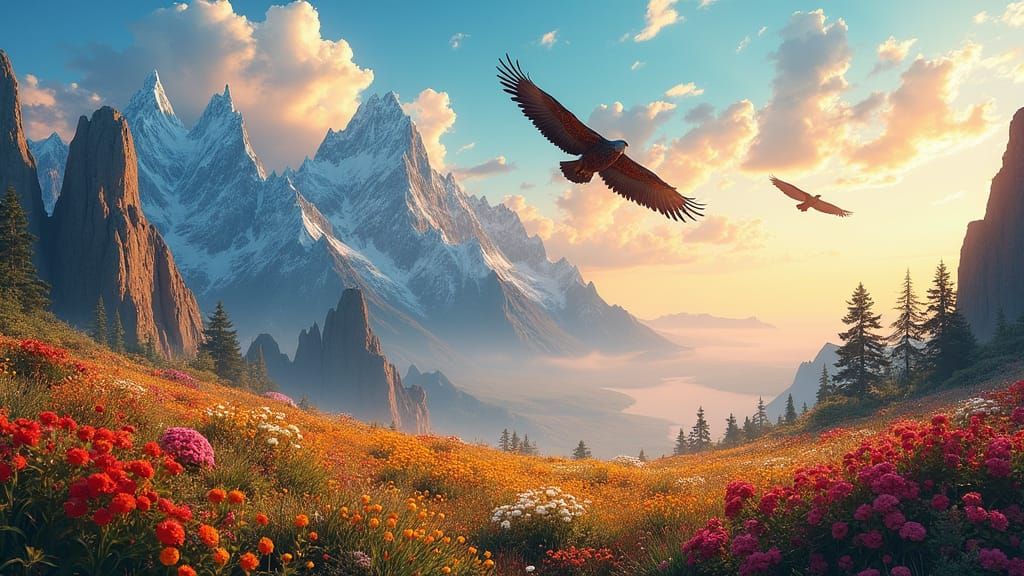 Idyllic Flower Field with Eagles: Fantasy Matte Painting