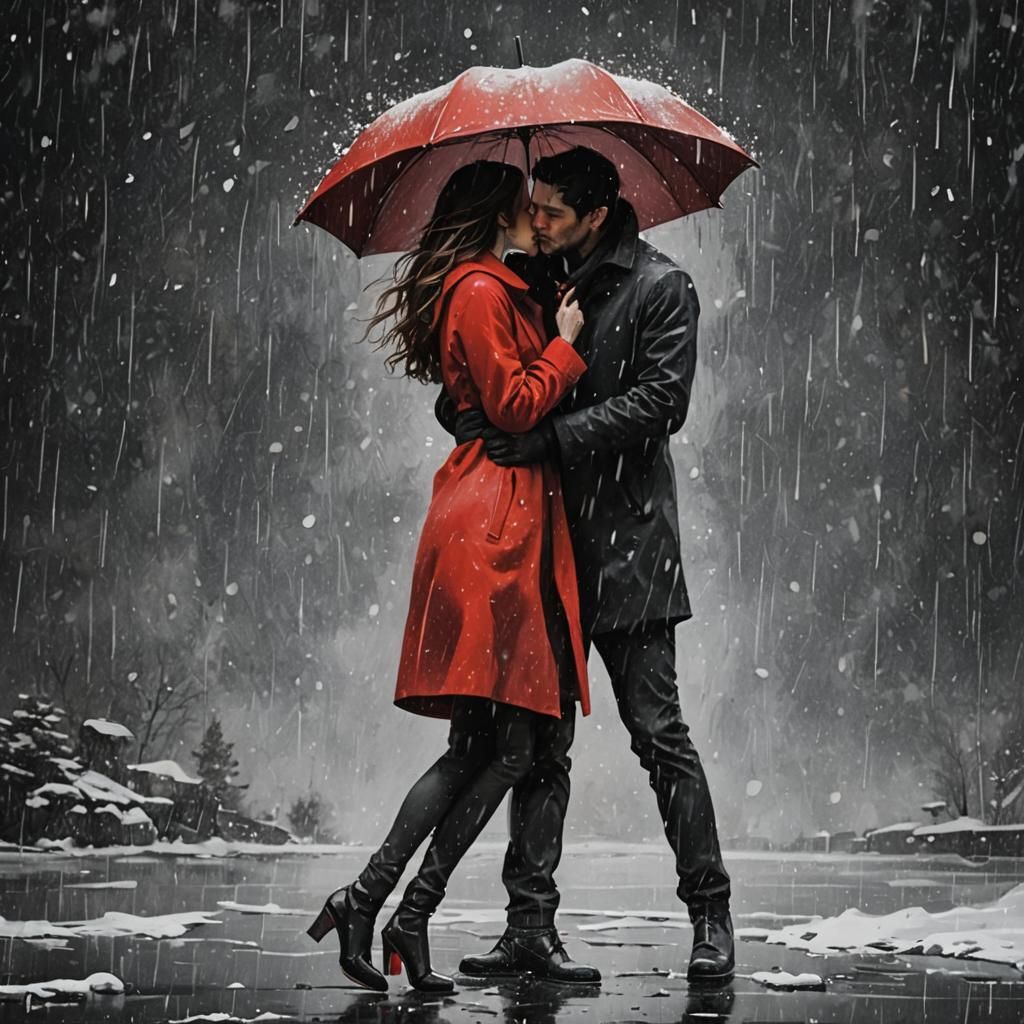 Romantic Snowy Embrace in Deep Red and Black