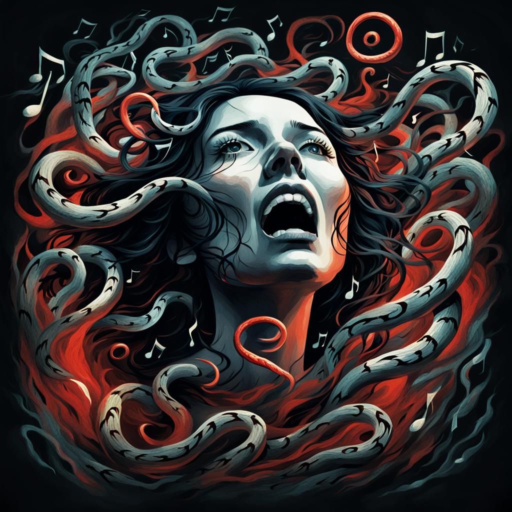 Surreal Woman Screaming Amidst Dark Music Notes