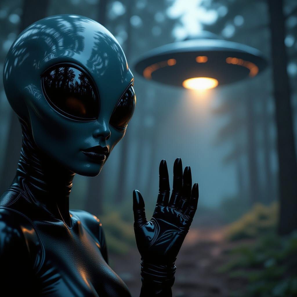 Hyperrealistic Alien in Sleek Jumpsuit with Metallic UFO