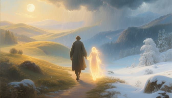 Lone Traveler and Ethereal Companion in Fantastical Landscap...