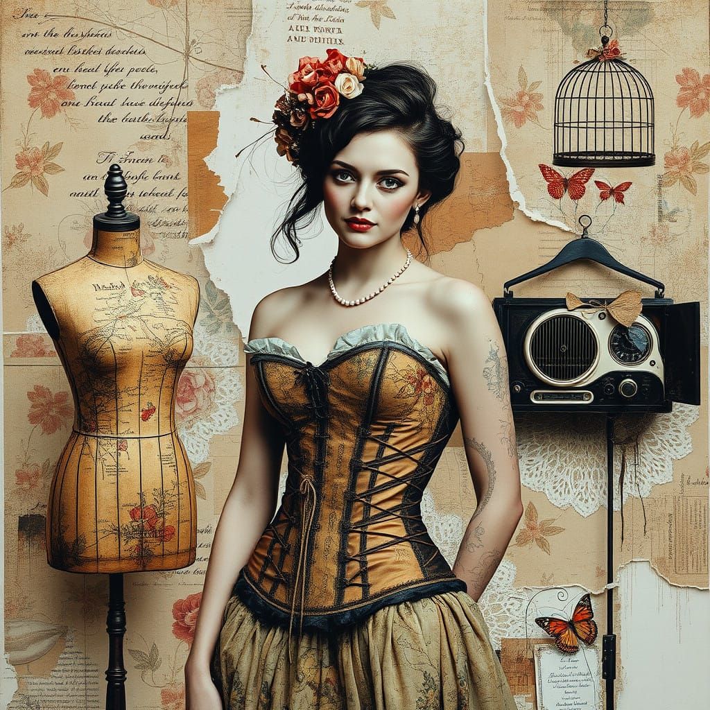 Surreal Collage of a Woman in a Corset, Inspired by Dadaism