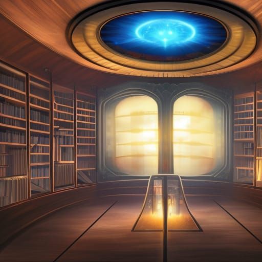 Steampunk Library with Undersea Sapphire Jellyfish in Detail...