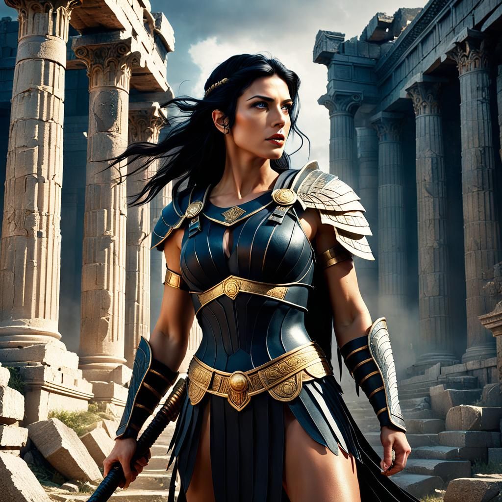 Amazon Warrior Explores Ancient Greek City Ruins