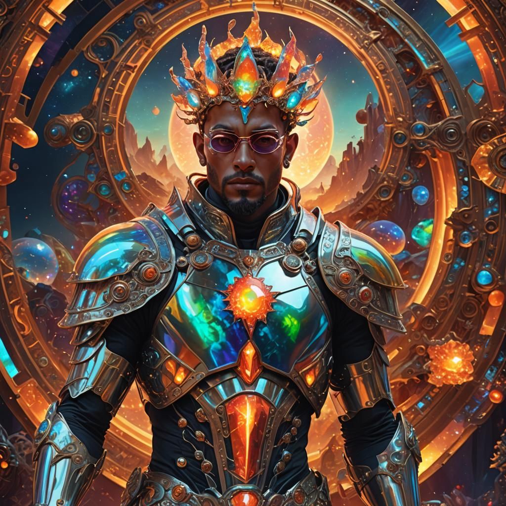 Elegant Cyborg Man in Fire Opal Fractals