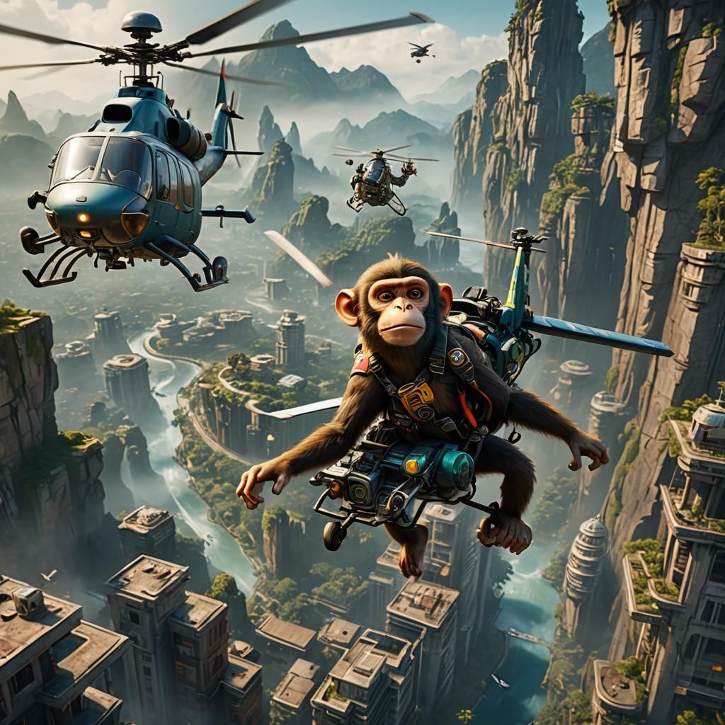 Monkey Flies Helicopter: Detailed Fantasy Concept Art