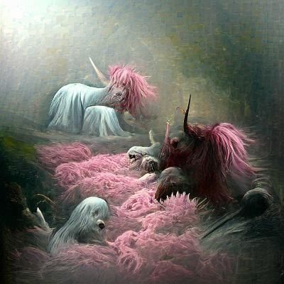 Horror Pink Fluffy Unicorns in Doré Style