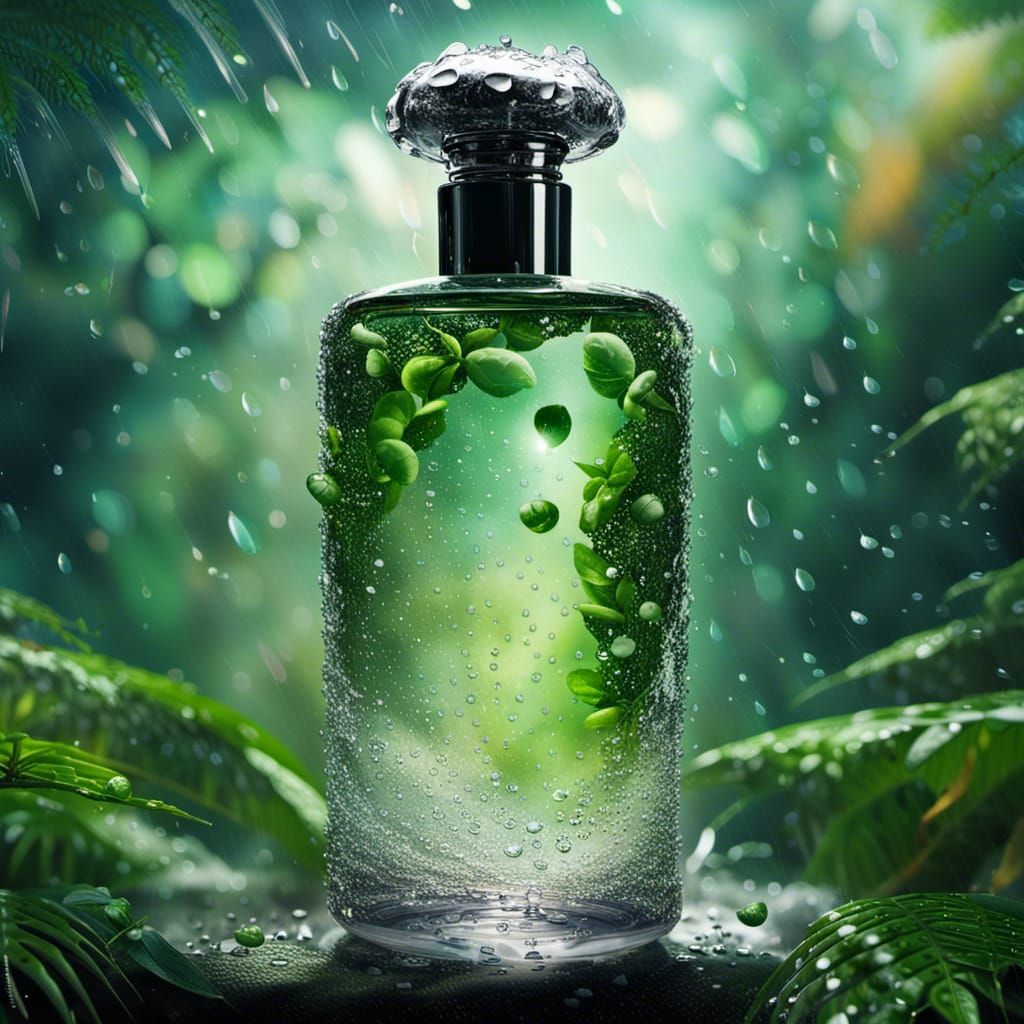 Perfume Bottle with Water Cloud in Rainforest, Splash Art