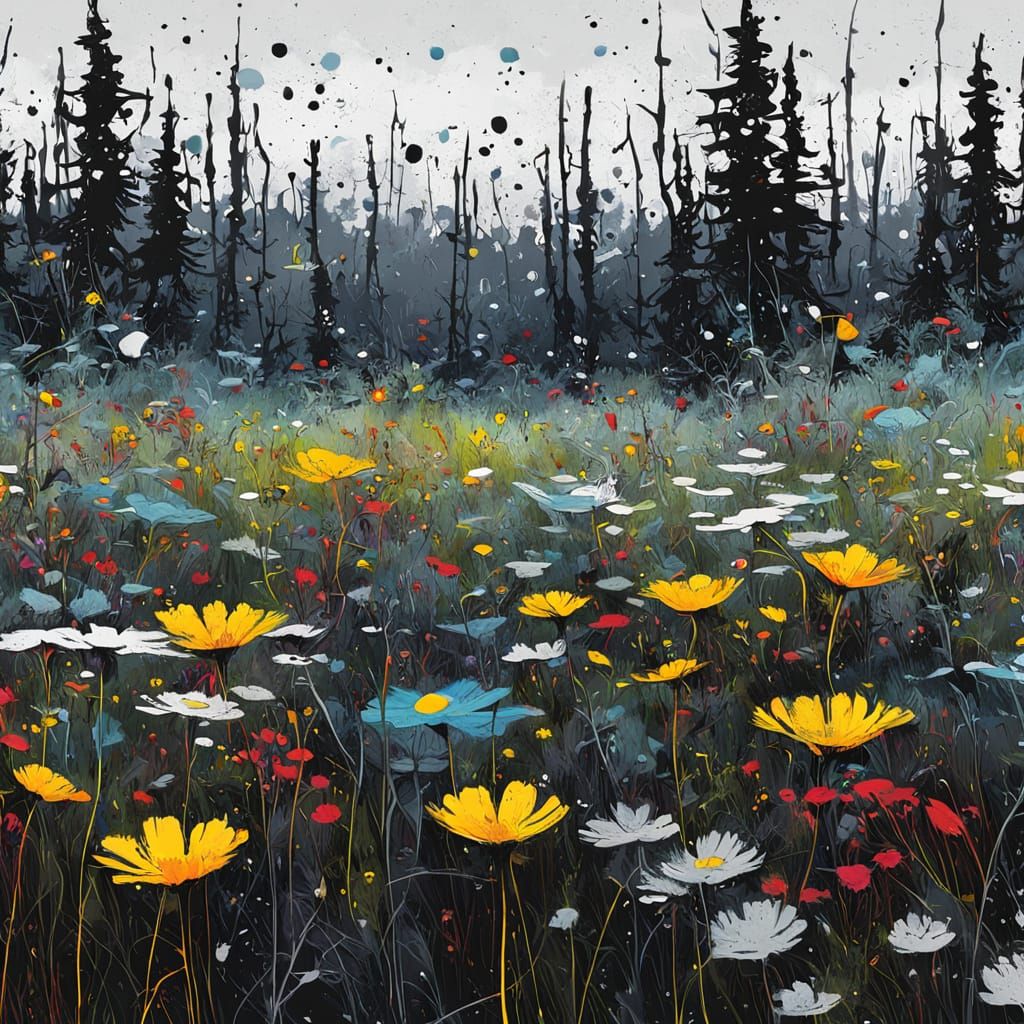 Abstract Wildflower Meadow with Fractal Art and Paint Drips